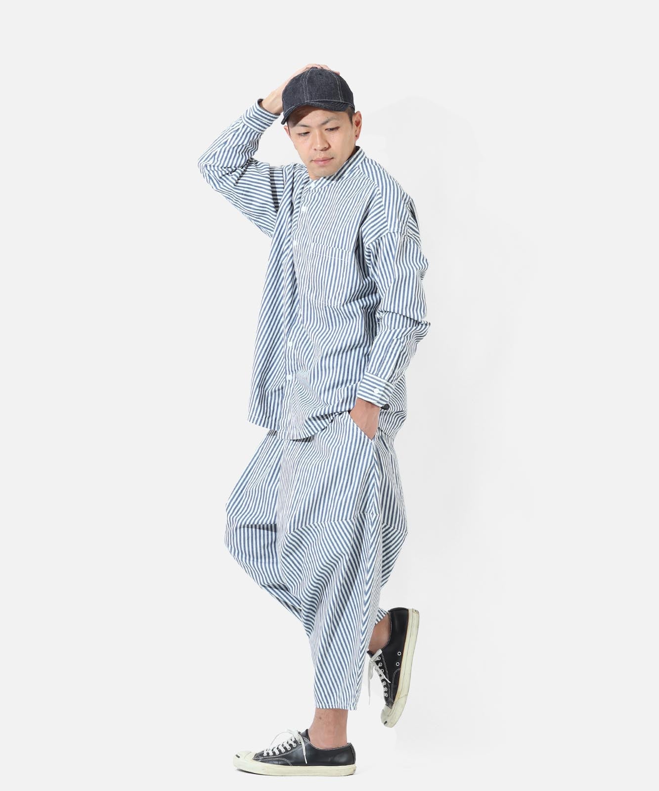 Big Silhouette No Collar Hickory Shirt by LELAX