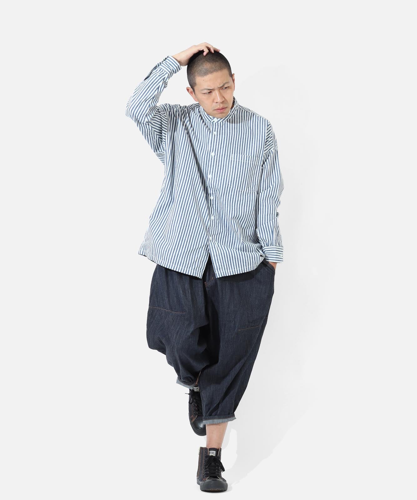 Big Silhouette No Collar Hickory Shirt by LELAX