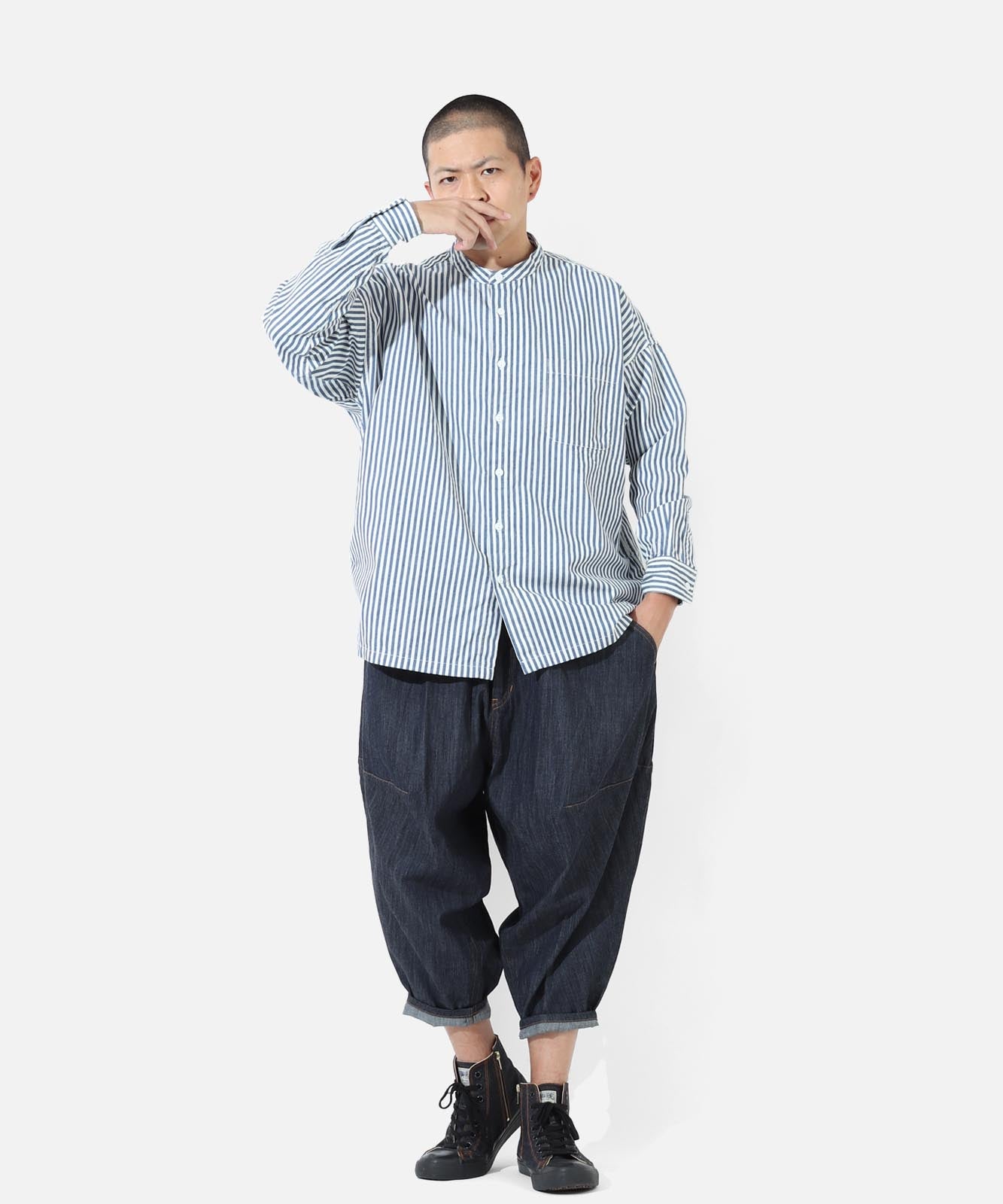 Big Silhouette No Collar Hickory Shirt by LELAX