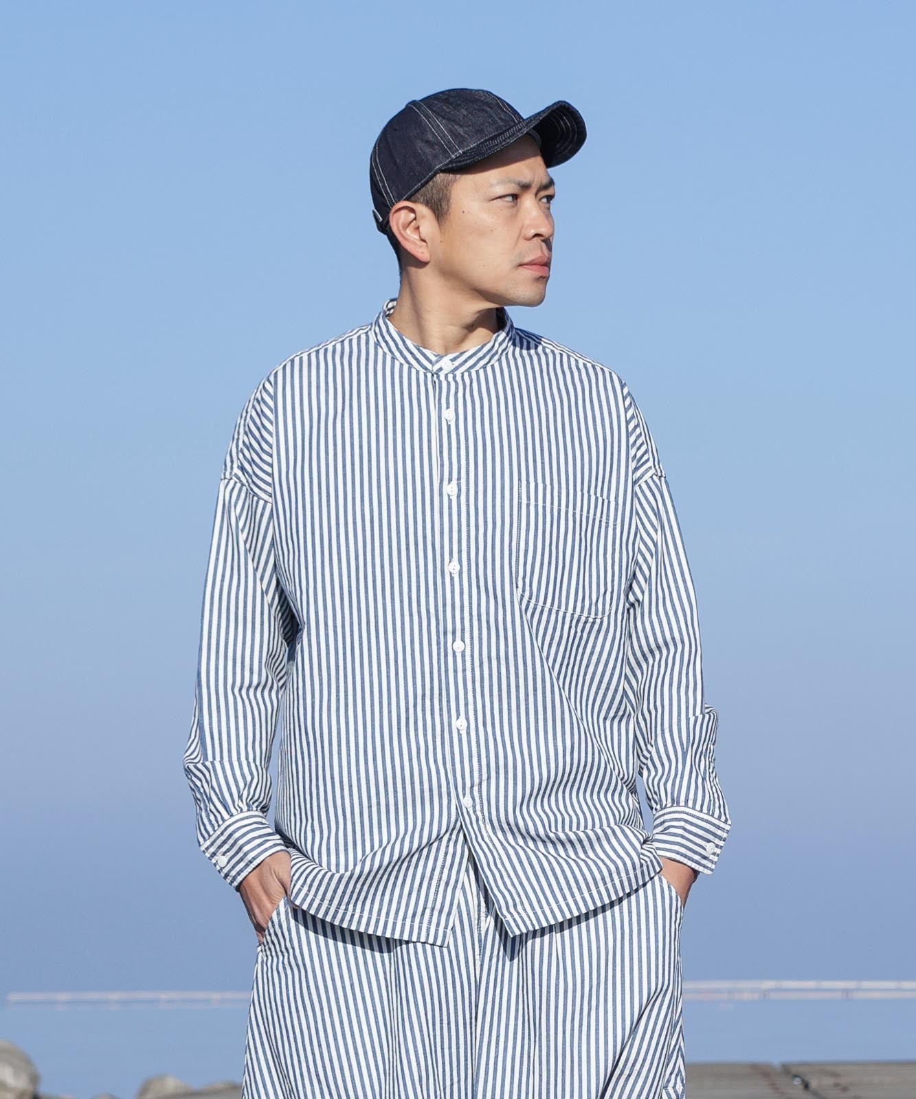 Big Silhouette No Collar Hickory Shirt by LELAX