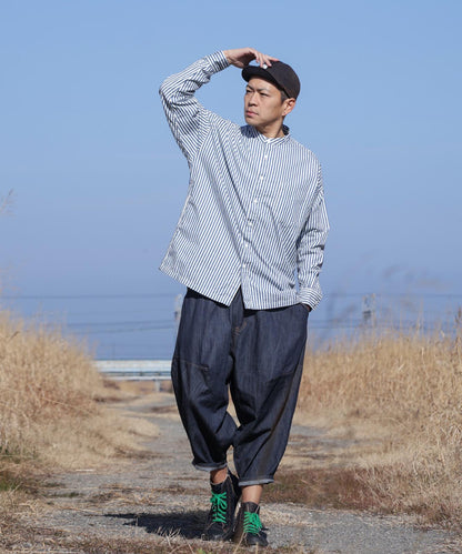 Big Silhouette No Collar Hickory Shirt by LELAX