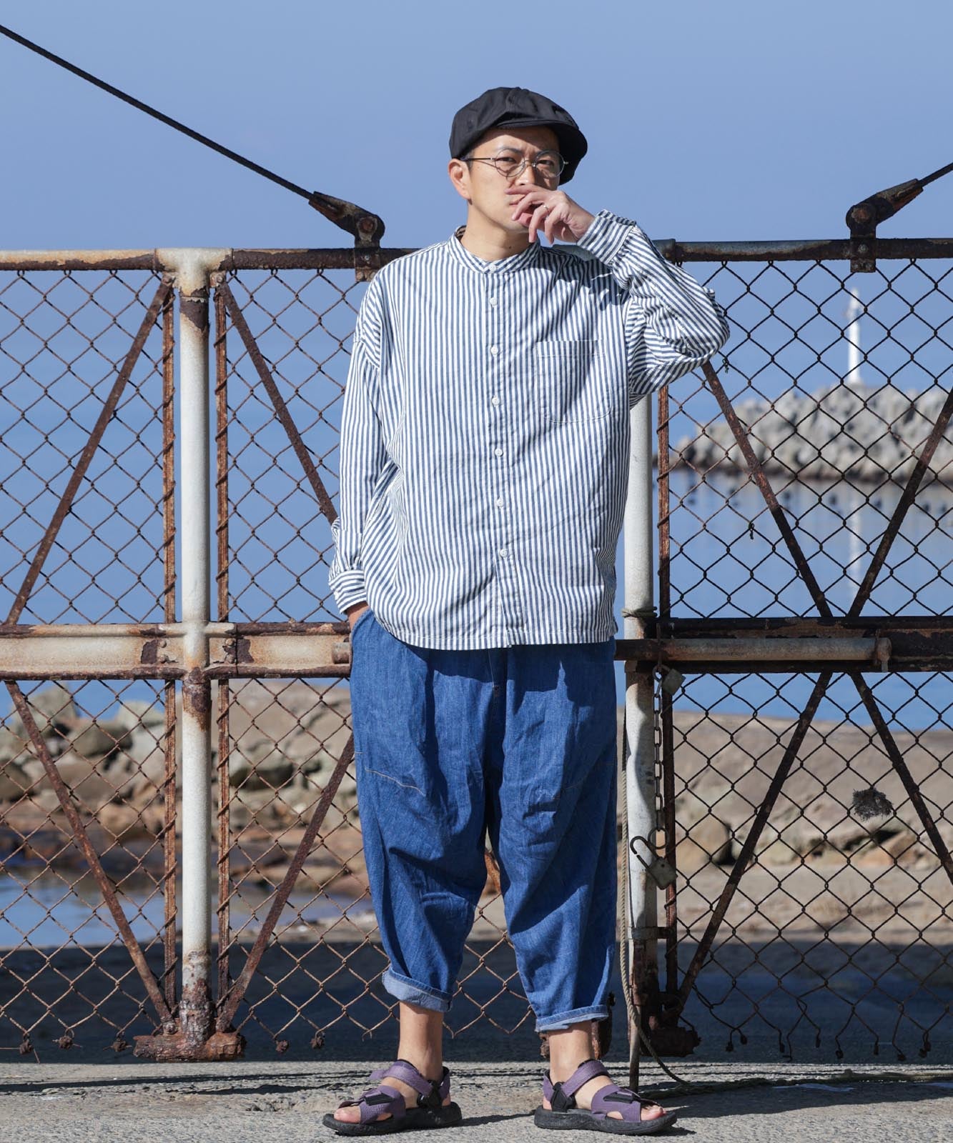 Big Silhouette No Collar Hickory Shirt by LELAX