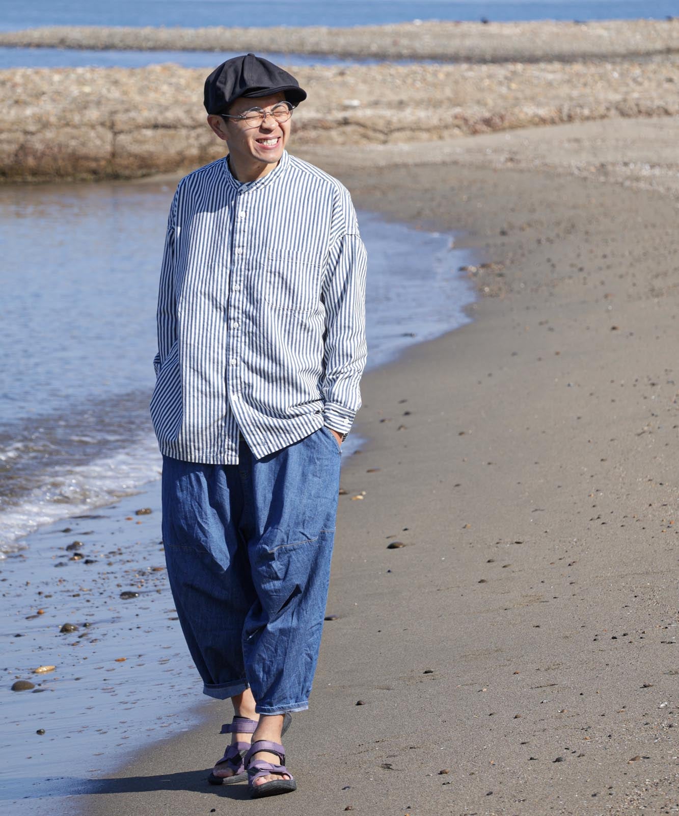 Big Silhouette No Collar Hickory Shirt by LELAX