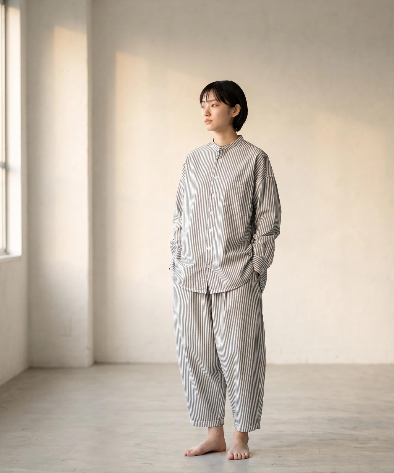 Big Silhouette No Collar Hickory Shirt by LELAX