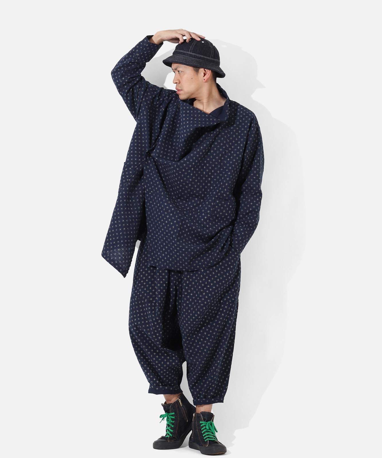 Kasuri Jyumonji Drape Coat by LELAX