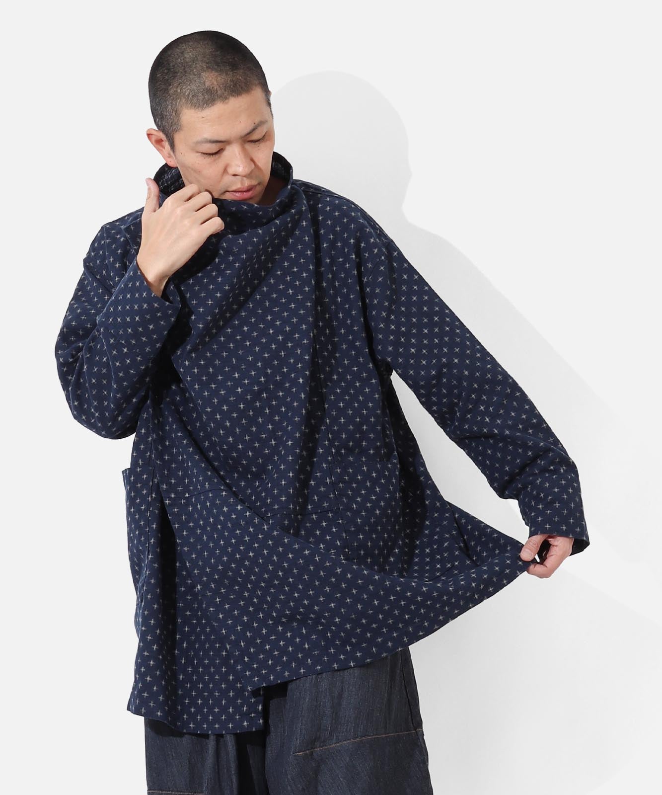 Kasuri Jyumonji Drape Coat by LELAX