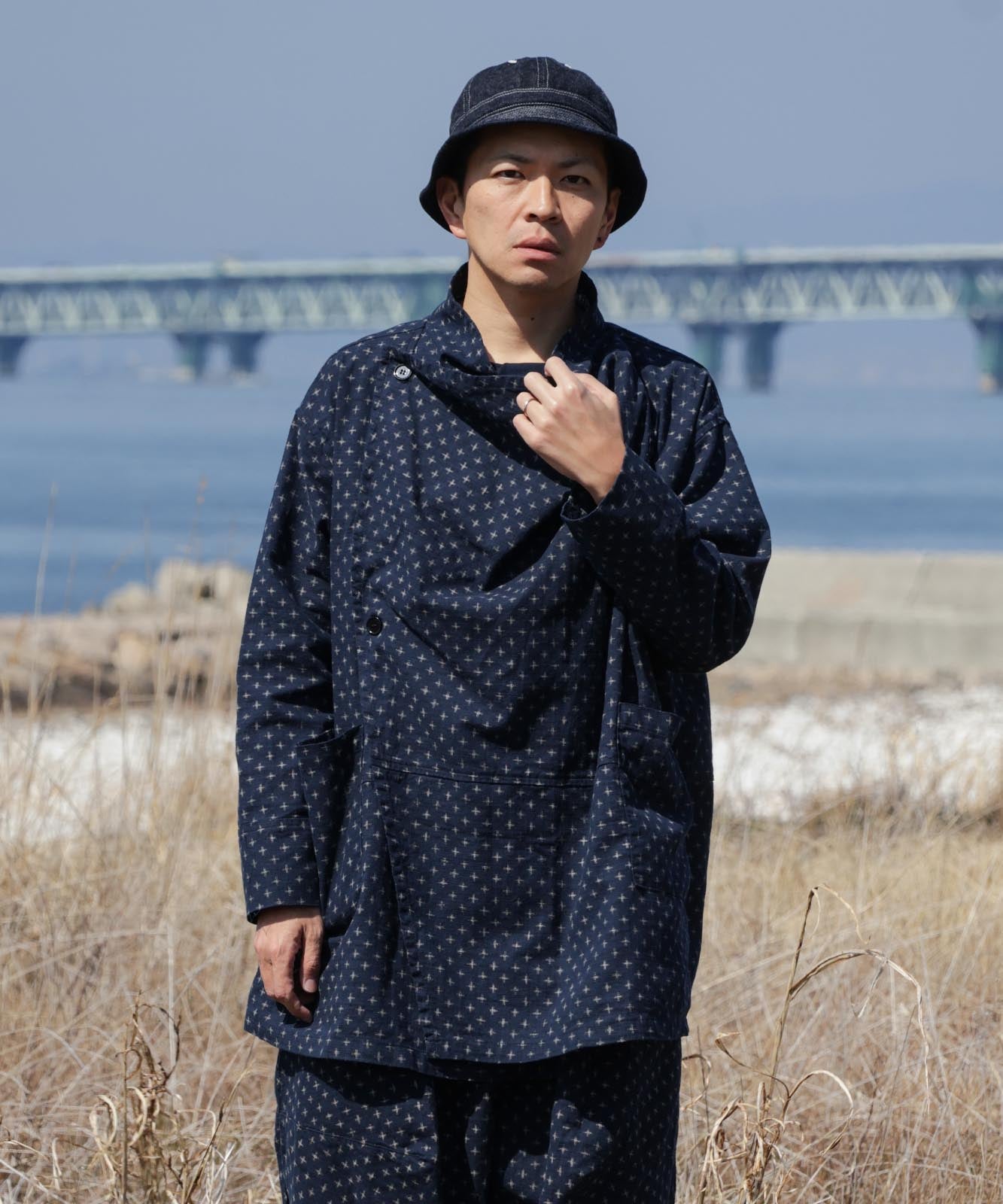 Kasuri Jyumonji Drape Coat by LELAX