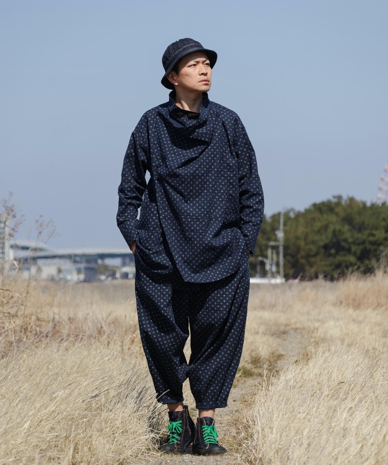 Kasuri Jyumonji Drape Coat by LELAX