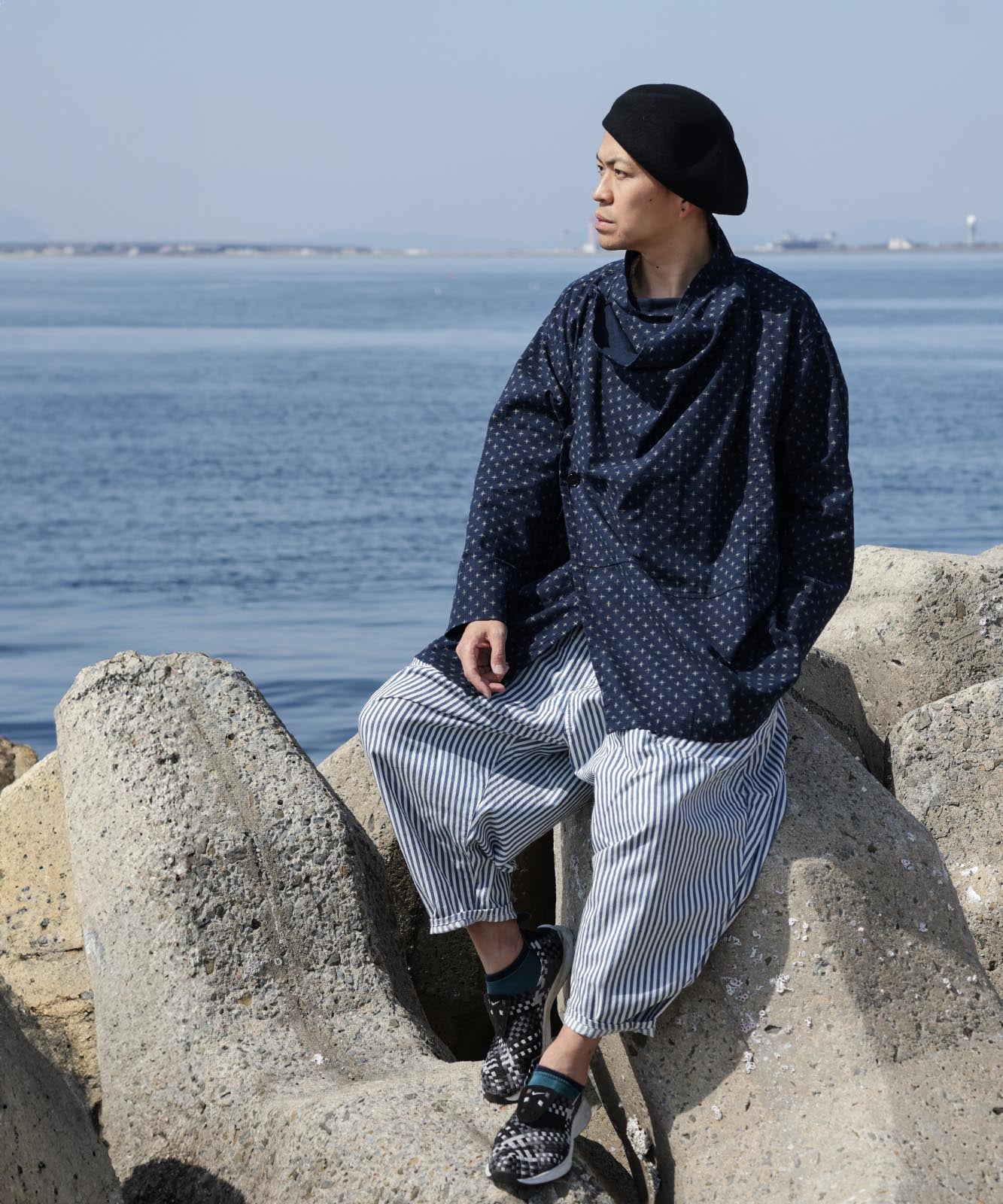 Kasuri Jyumonji Drape Coat by LELAX